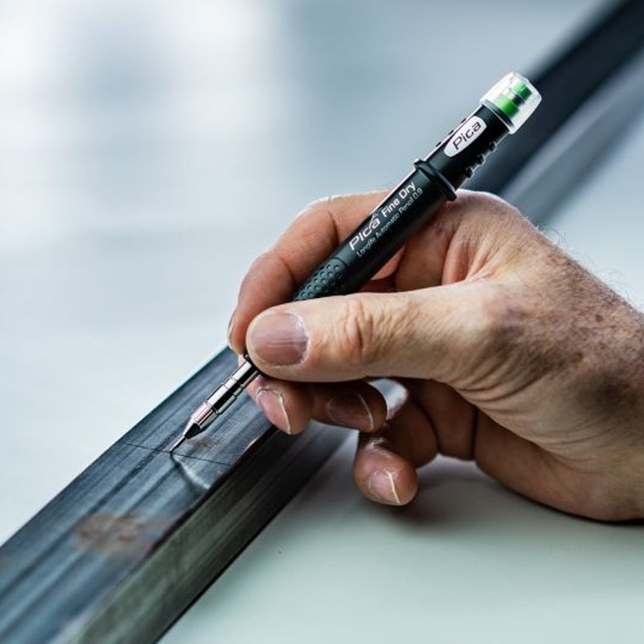 Pica Fine-Dry Longlife Automatic 0.9mm Pencil 7070 writing on metal