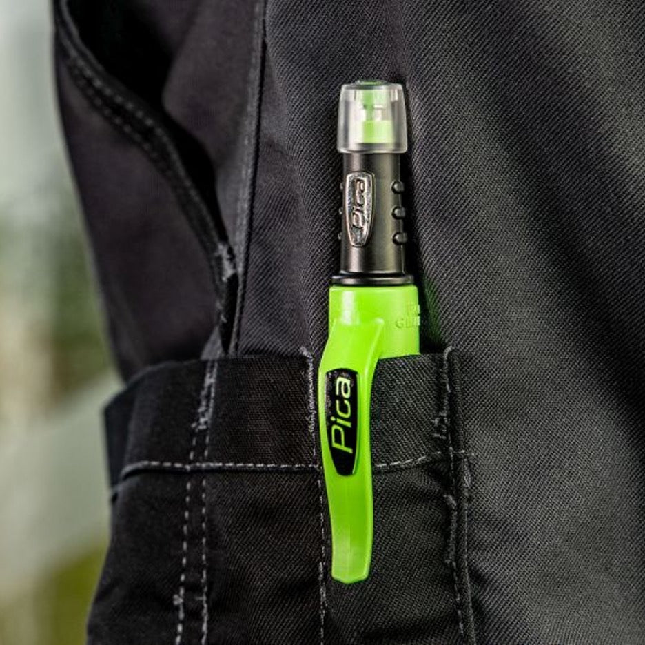 Pica Fine-Dry Longlife Automatic 0.9mm Pencil 7070 in quiver clipped to pocket