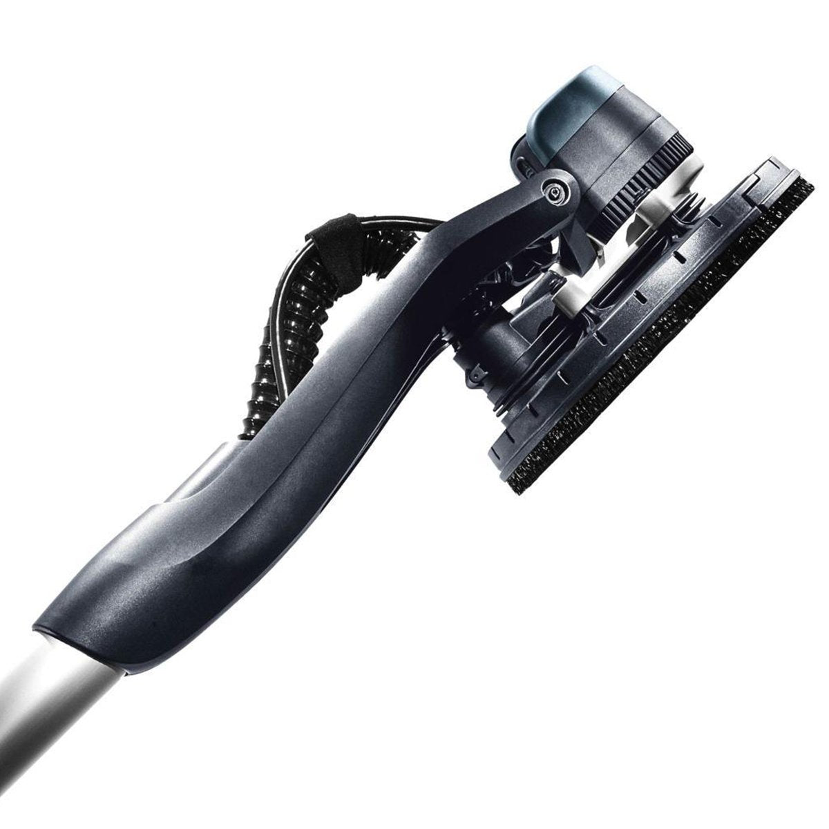 Side view of Planex Easy sander. The pivot point for the head is in between the dust collection hose and brushless motor.