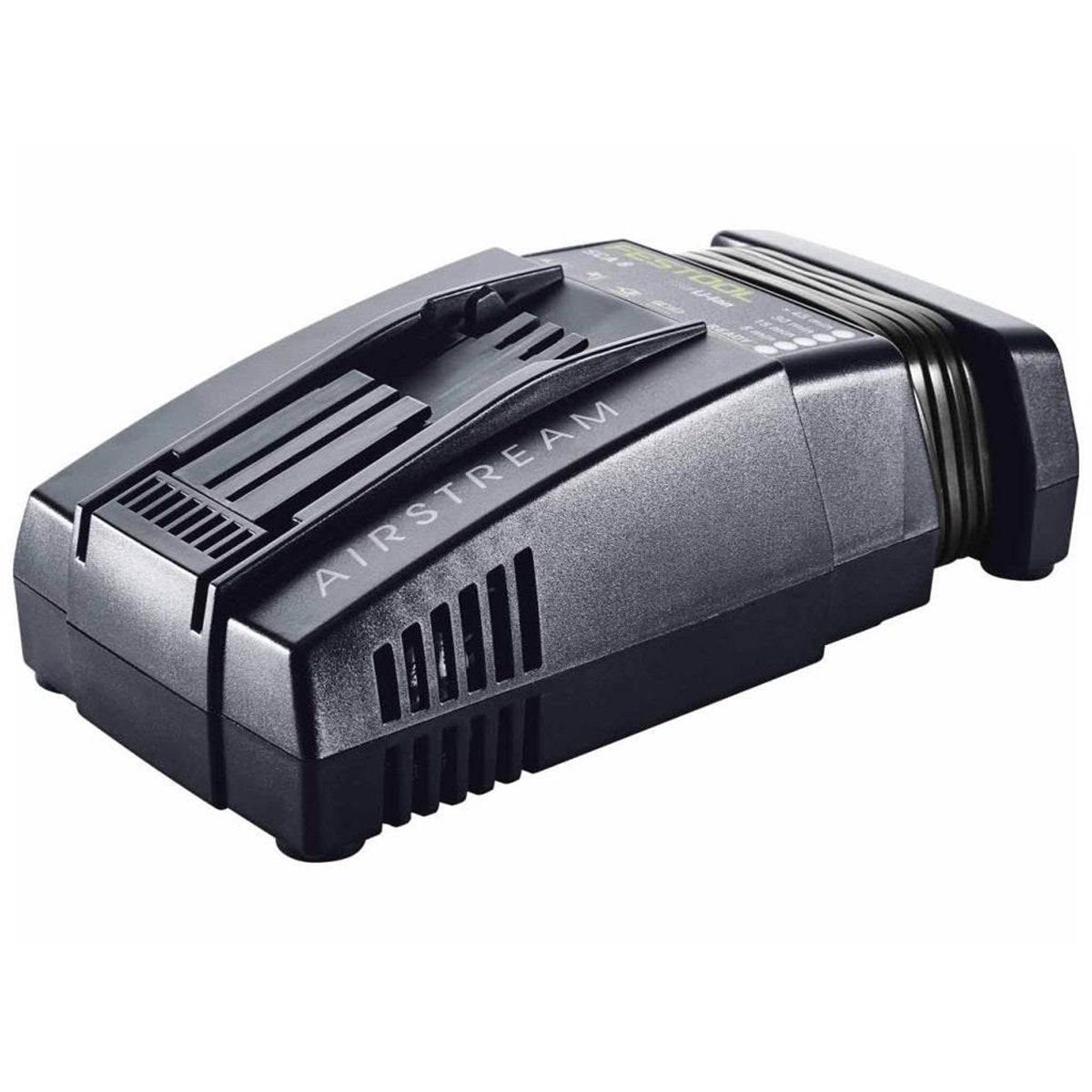 Festool's SCA 8 Airstream battery charger accepts Li-ion slide-mount batteries and has air vents, cord wrap, and LEDs.