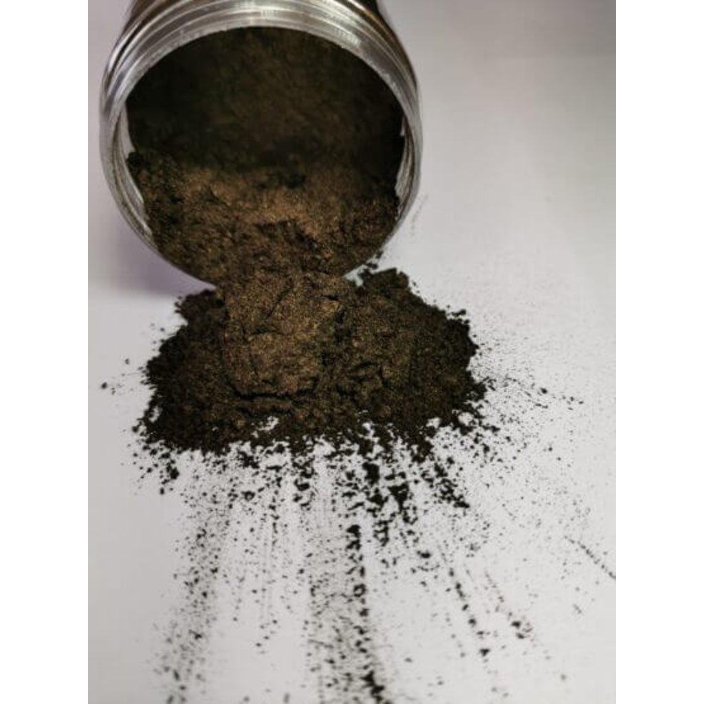 A jar of Rusty Espresso Ryver Epoxy Aurora Metallic Pigment on its side showing the actual colour and consistency of mica.
