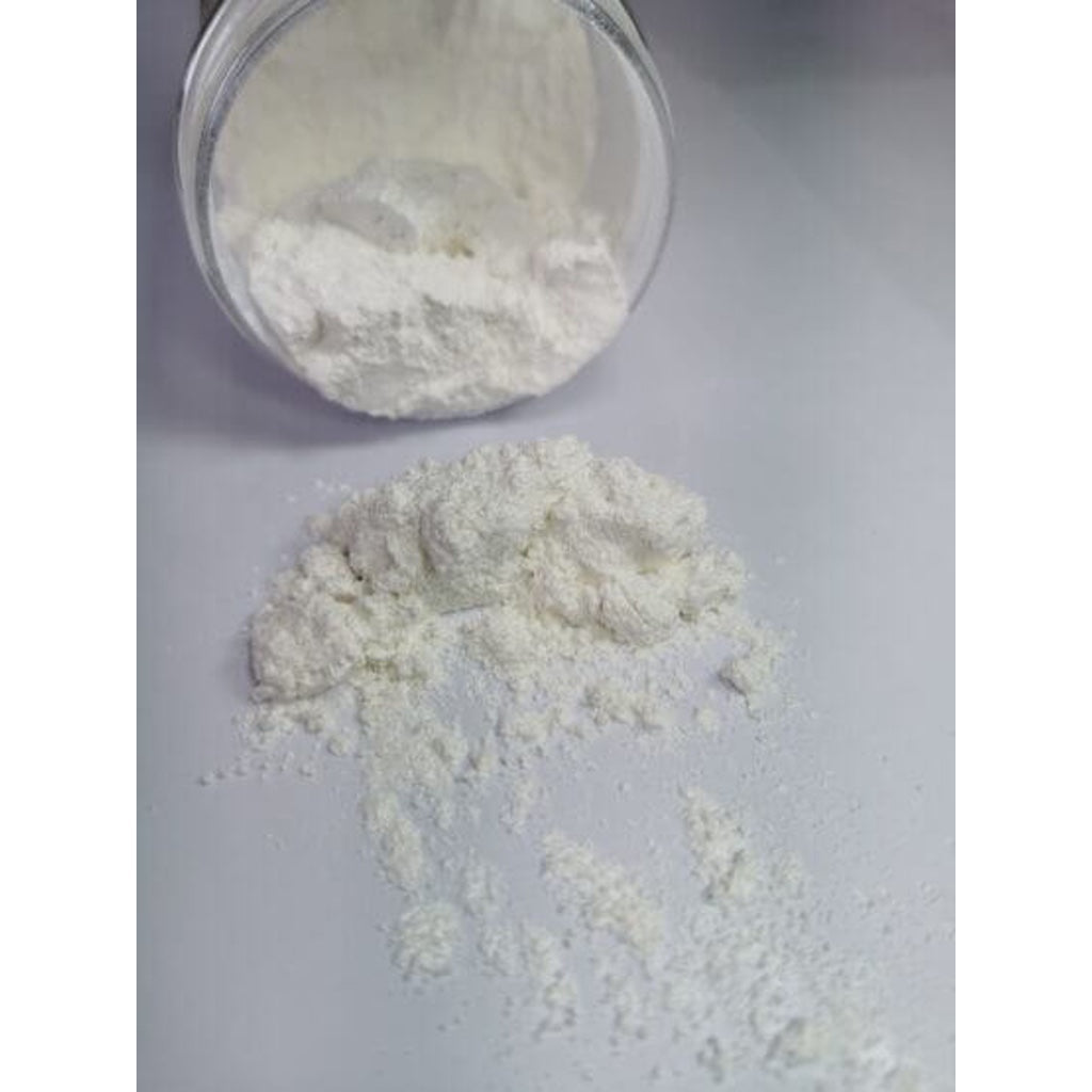 A jar of Snow White Ryver Epoxy Aurora Metallic Pigment on its side showing the actual colour and consistency of mica.