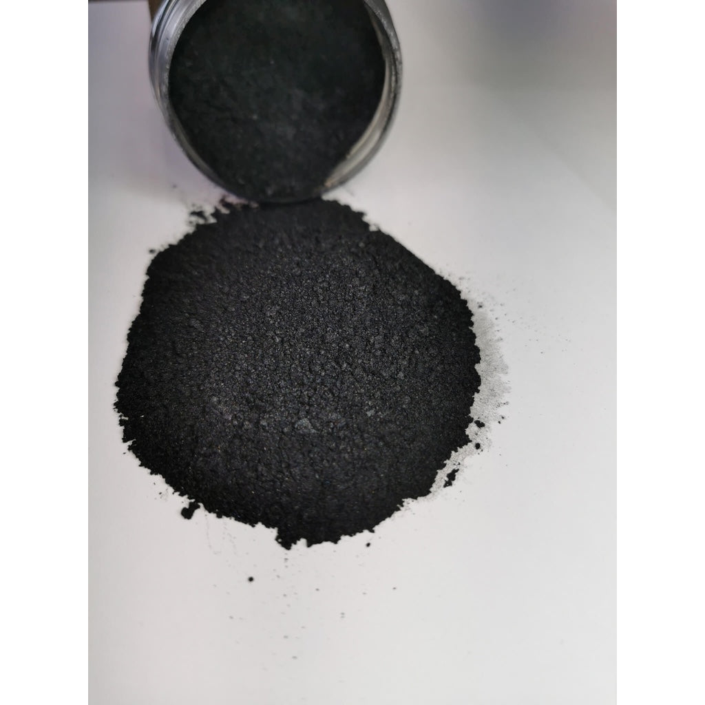 A jar of Wet Asphalt Ryver Epoxy Aurora Metallic Pigment on its side showing the actual colour and consistency of mica.