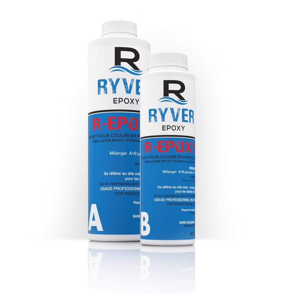 Two bottles of Ryver Epoxy R-Epoxy Thin-Layer Formulation, parts A and B with clear labelling. 750ml combined.