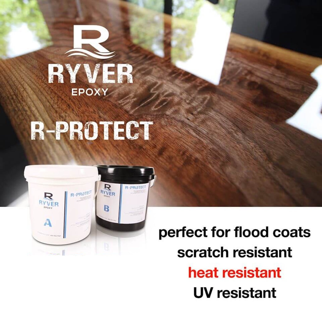 A black walnut table top with reflection finished with Ryver Epoxy R-Protect, and two pails of resin and hardener.