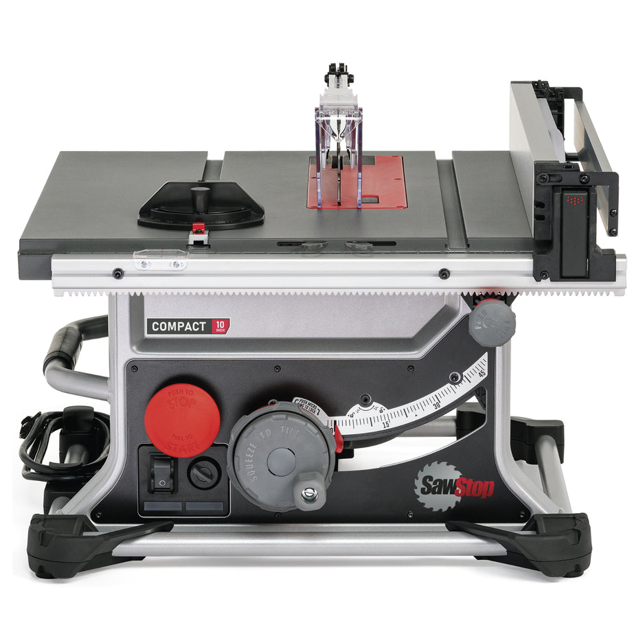 Front of SawStop Compact Table Saw. Mitre slots, fence, blade adjustments.