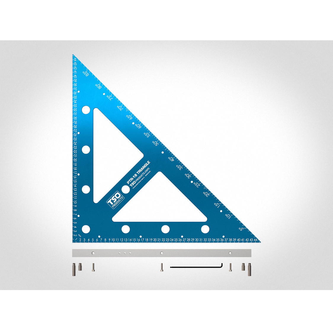 TSO Products PTR-18 PLUS Precision Triangle is blue anodized aluminum with round dog holes for MFT use and removable foot.