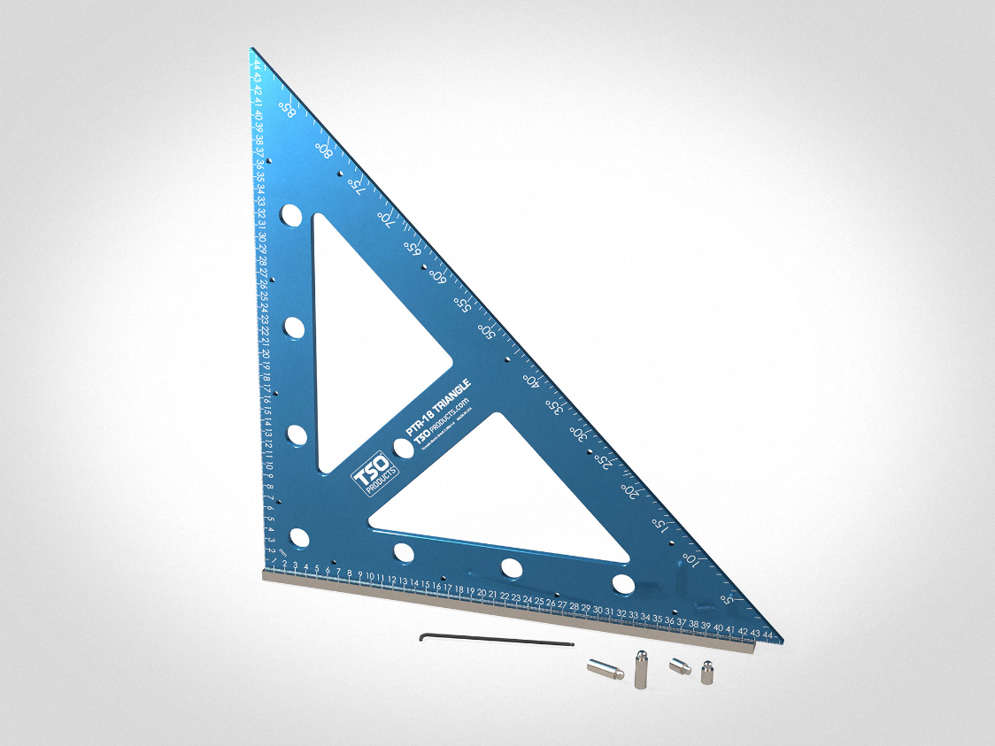 TSO Products PTR-18 PLUS Precision Triangle with removable foot installed, and alignment pins and tool in front.