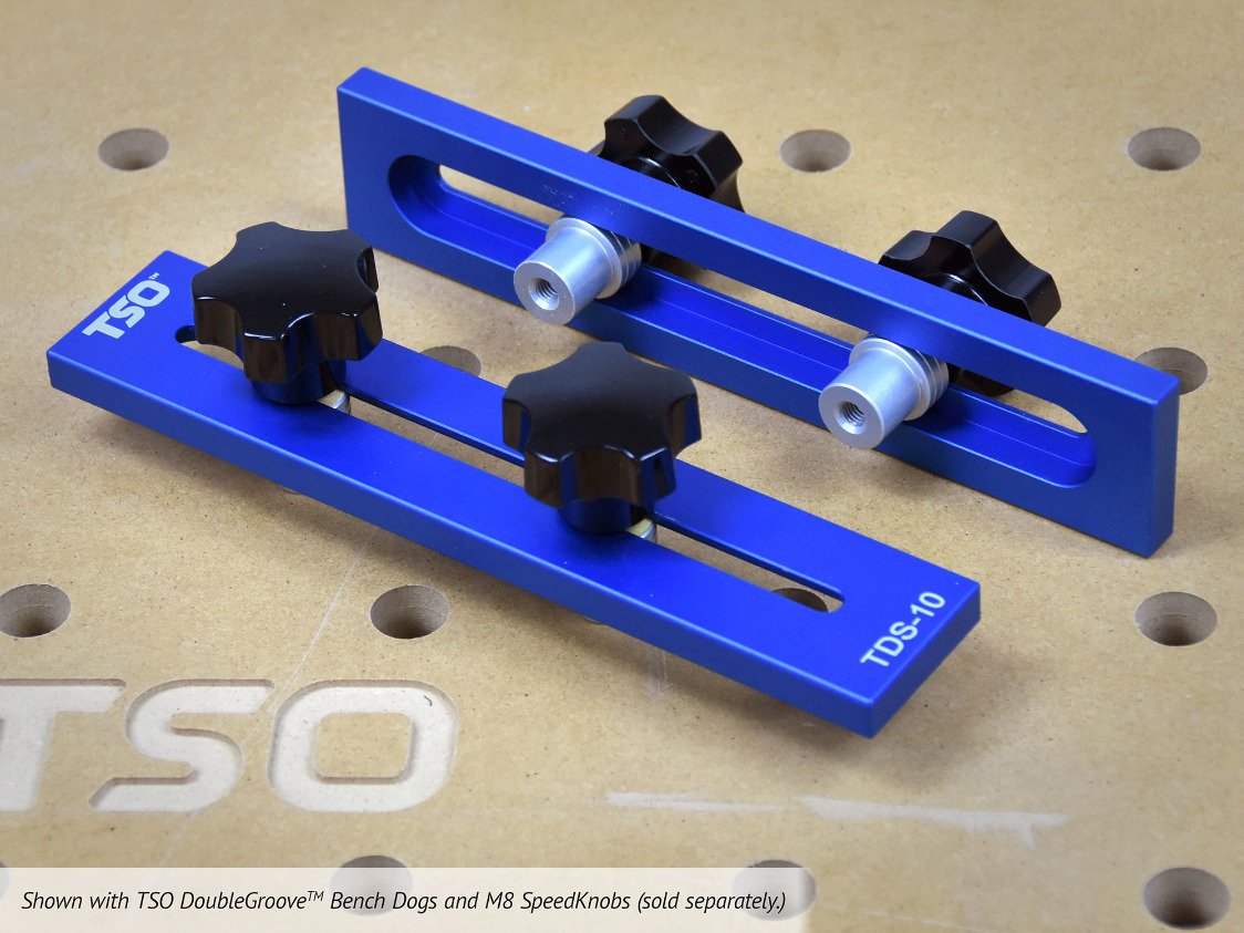 Top and bottom view of a Dog Stop setup on a MFT. SpeedKnobs, Dog Stops, and DoubleGroove Small Dogs are shown.