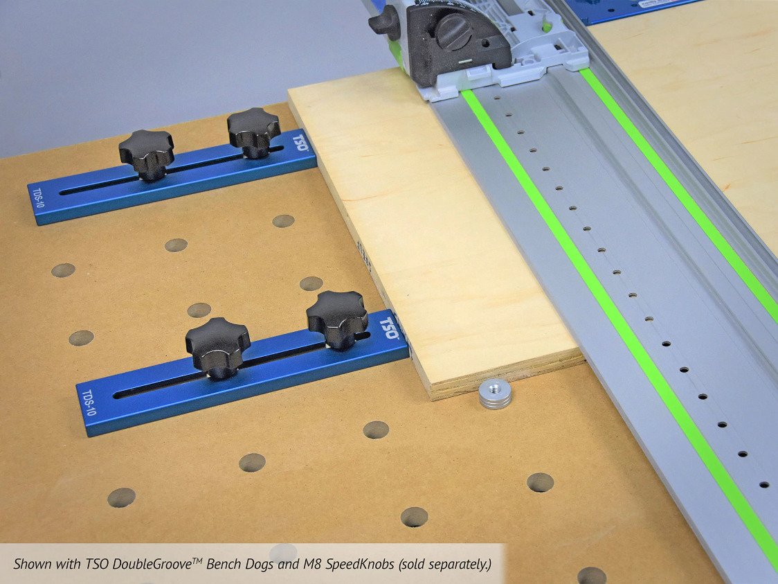2 Dog Stops are set up on a Festool MFT for multiple cuts of the same length of plywood with track saw and guide rail.