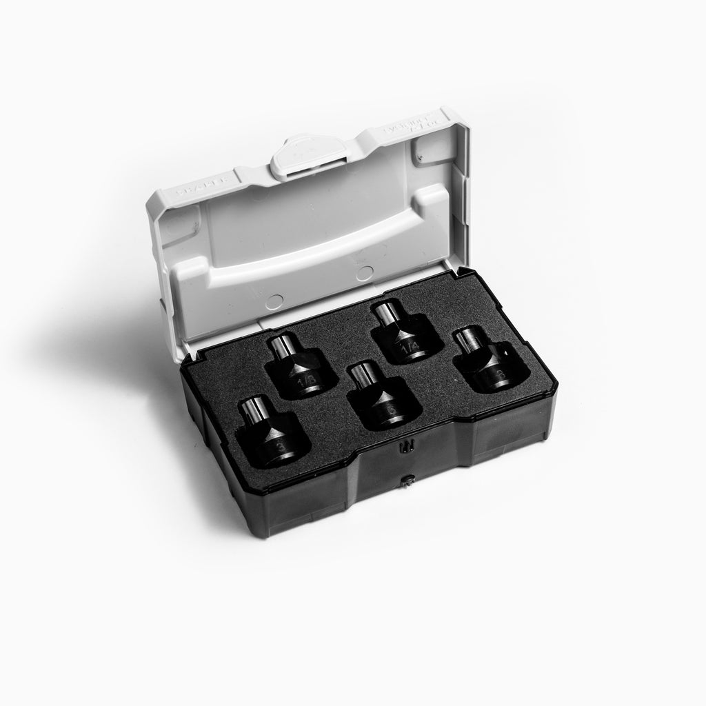 Shaper Mini Systainer open, showing custom-cut foam insert with 5 collets 1/4" to 8mm inside.