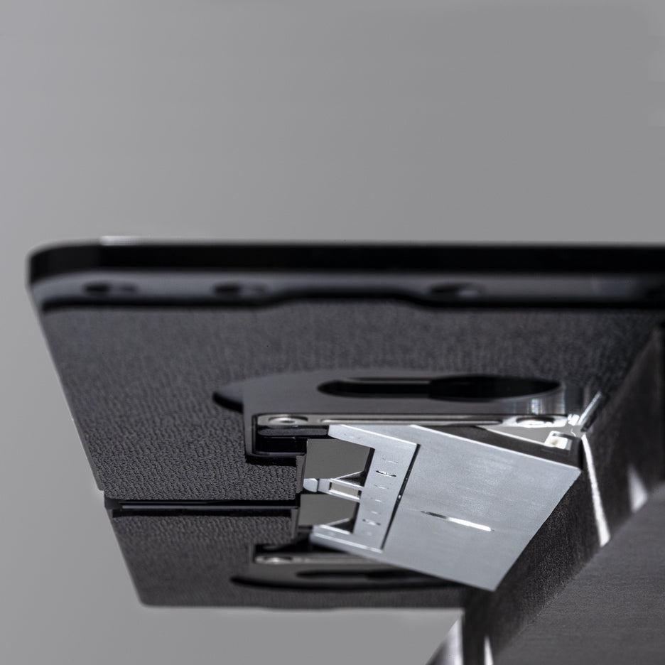 Bottom view of fence flipped down to align Plate parallel to workpiece.