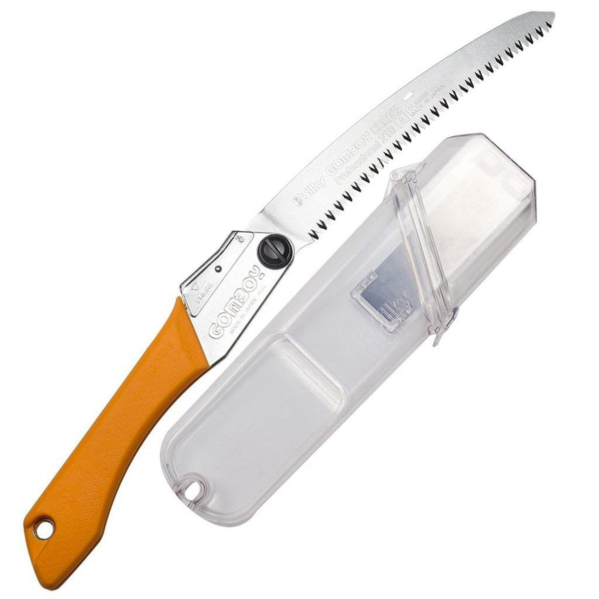 210mm Silky Gomboy folding saw with curved blade for pruning and orange rubber handle. With clear plastic storage case.