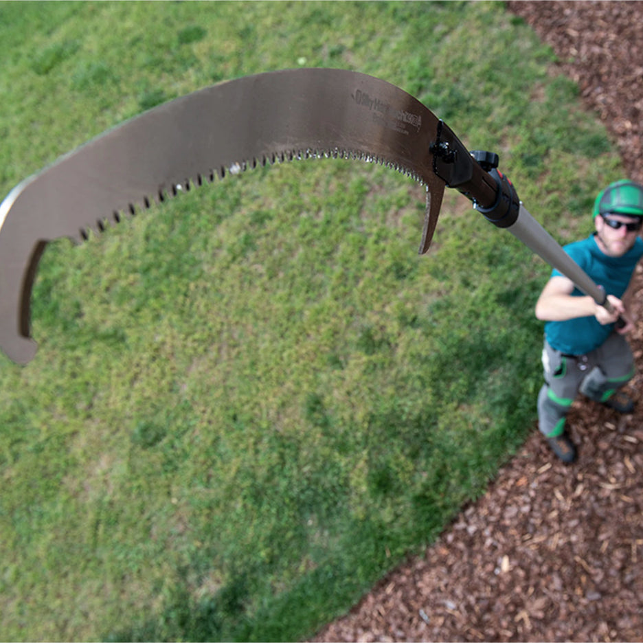 An arborist reaches up with Silky Saws' Notch Sentei Telescoping 16' Aluminum Polesaw to prune a tree