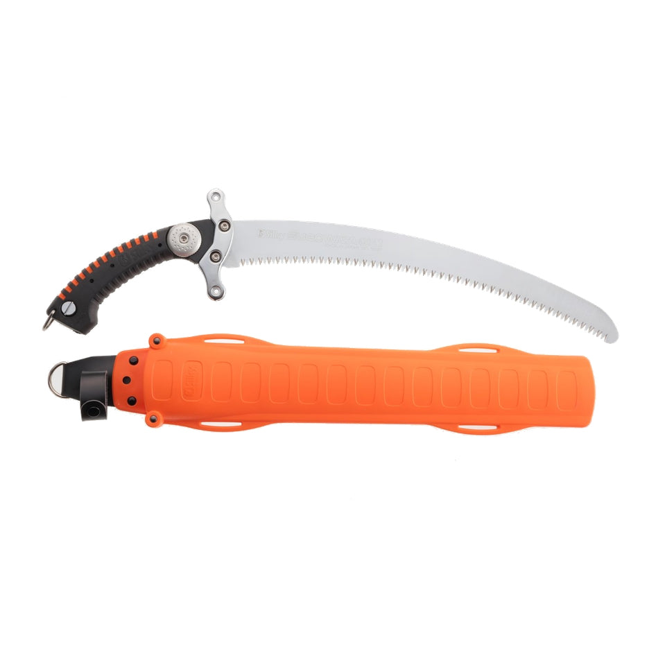 Silky Saws' Sugowaza arborist pruning saw has large Japanese teeth along the curved blade and protective scabbard.