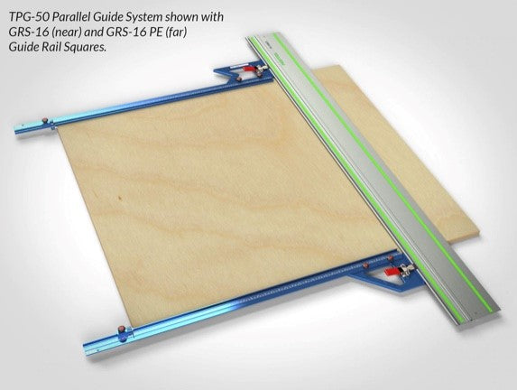 TPG System can be used with GRS-16 and GRS-16 PE Guide Rail Squares for increased accuracy and square cuts.