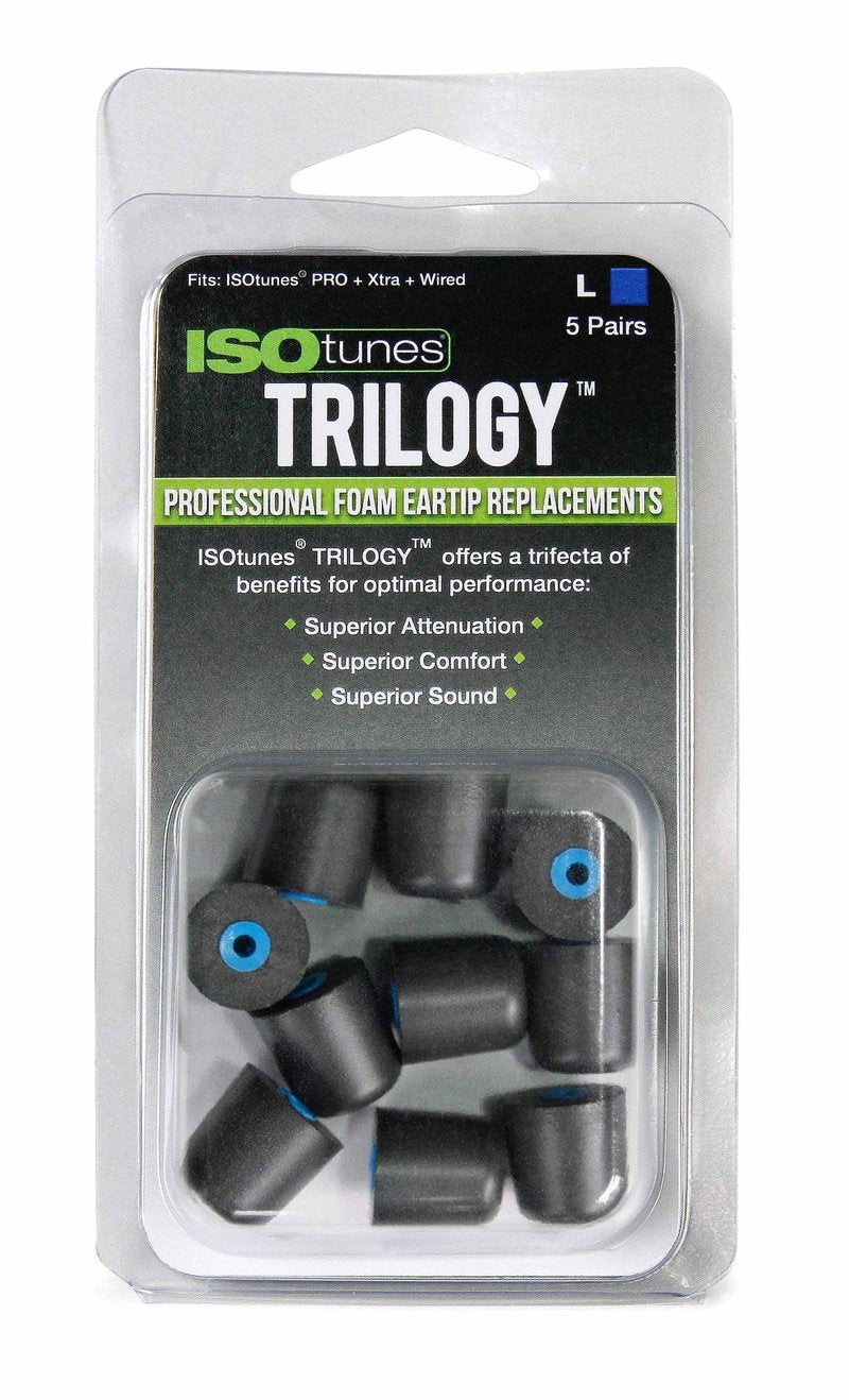 Retail plastic clamshell package of ISOtunes Trilogy large foam eartips w/blue core. Superior attenuation, comfort, sound.