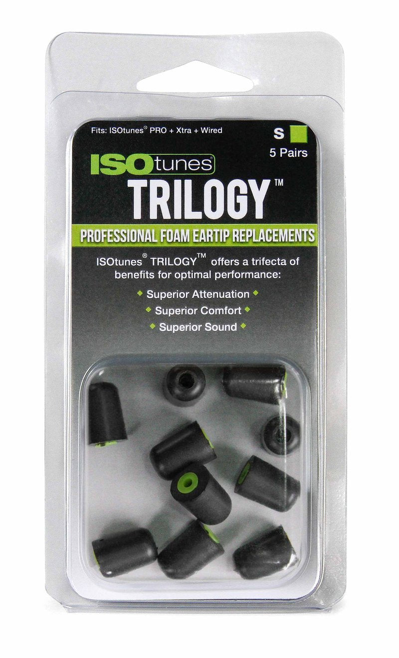 Retail plastic clamshell package of ISOtunes Trilogy Small foam eartips w/green core. Superior attenuation, comfort, sound.