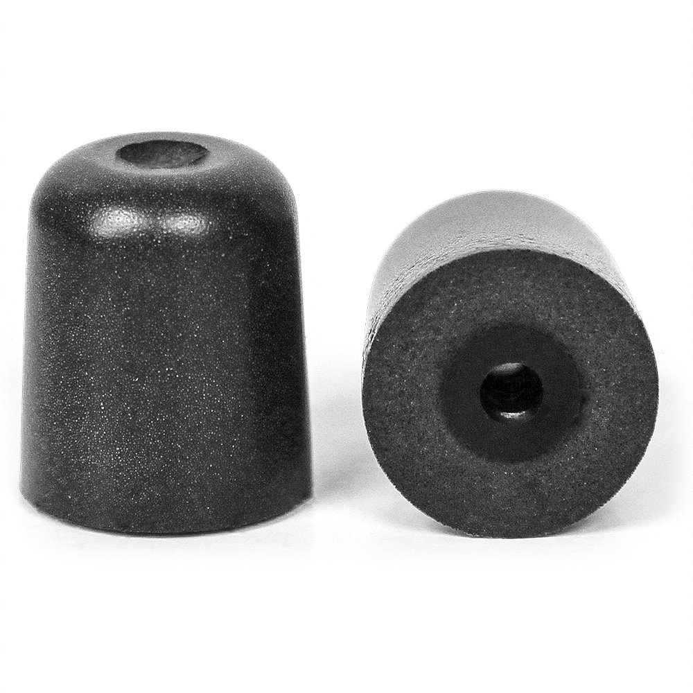 Pair of black medium replacement super-soft foam ear tips for ISOtunes earbuds. Profile shape and coloured inner core.