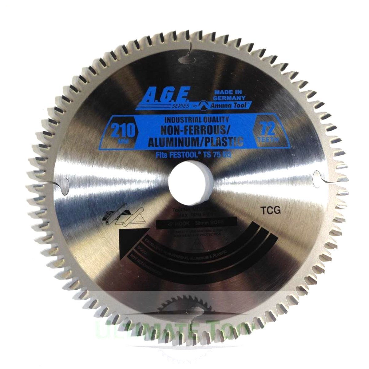 72-tooth TCG saw blade for cutting non-ferrous metals and plastics with a track saw. 210mm fits Festool TS 75 plunge saws.