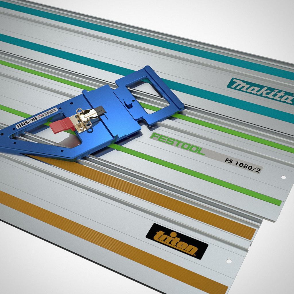 The GRS-16 Guide Rail Square sits on top of three compatible track saw guide rails by Triton, Festool and Makita.