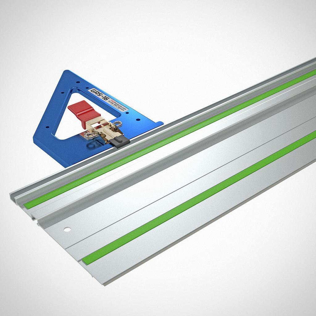 TSO Products GRS-16 attached to a Festool FS Guide Rail for crosscutting applications. The draw latch aligns the guide square