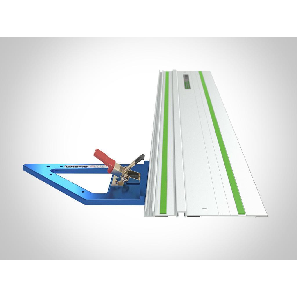 To install the GRS-16 Guide Rail Square, slide it into the bottom T-slot before engaging the draw latch to clamp it in place.