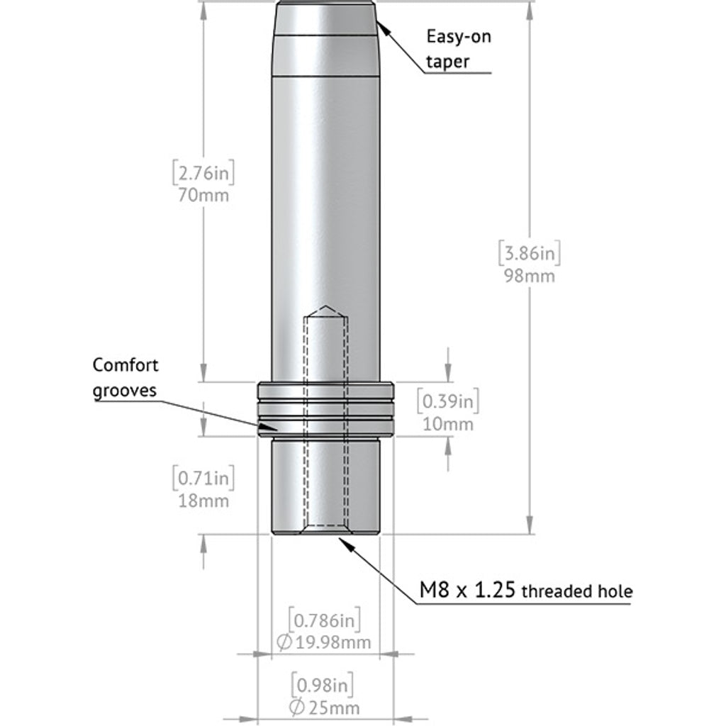 Dimensioned drawing of a TSO Products Close Fit Tall Dog, including thread specifications and comfort grooves.