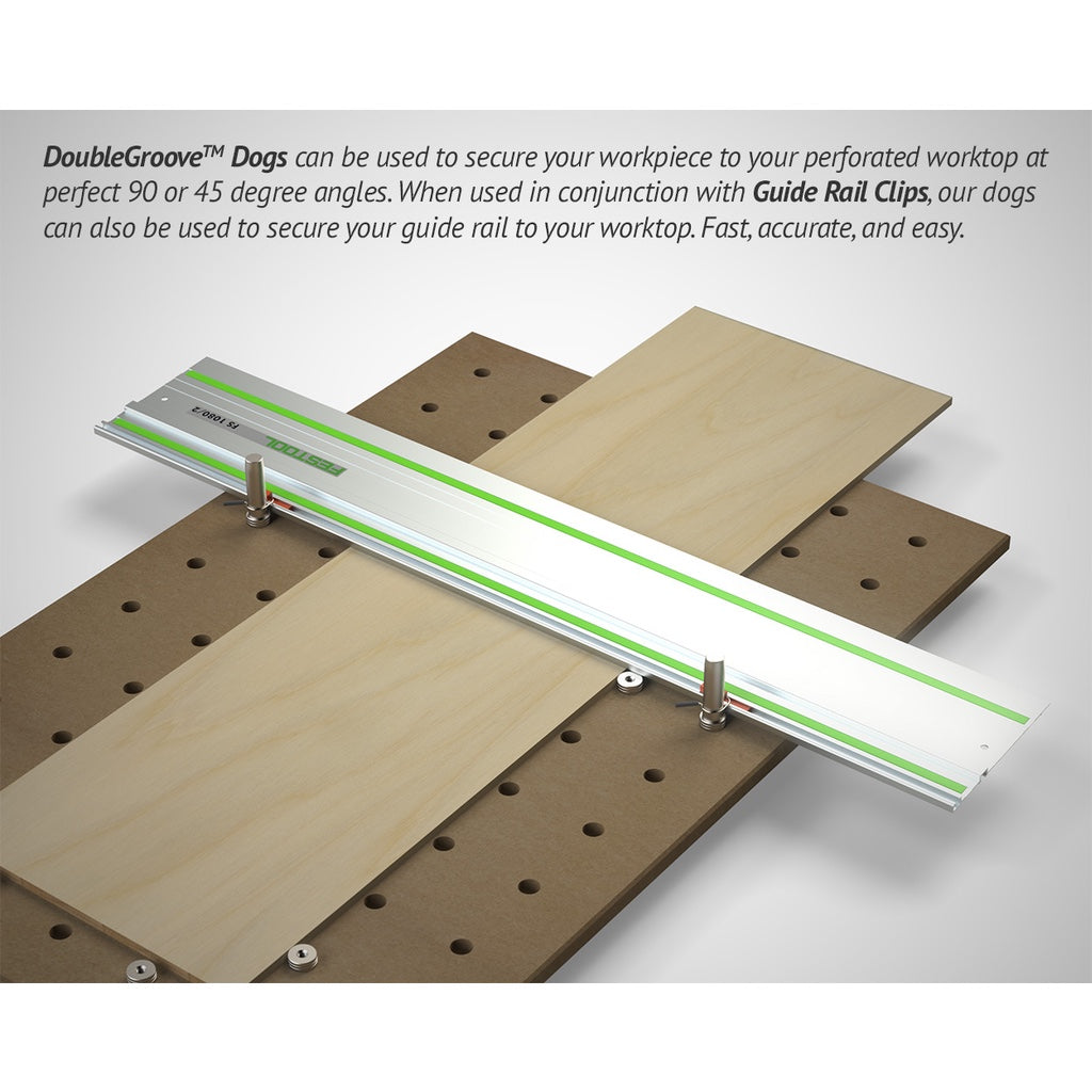 A pair of DoubleGroove Tall Dogs attached to a Festool guide rail with dog clips, with a workpiece on an MFT-style top.