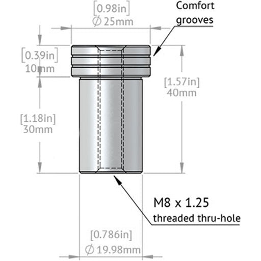 Dimensioned drawing of a TSO Products Close Fit Large Dog, including thread specifications and comfort grooves.