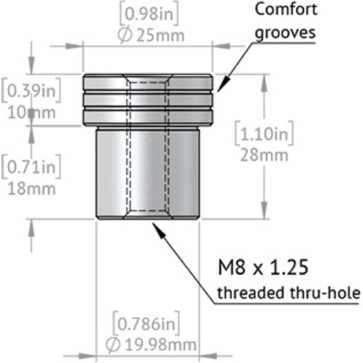 Dimensioned drawing of a TSO Products Close Fit Small Dog, including thread specifications and comfort grooves.