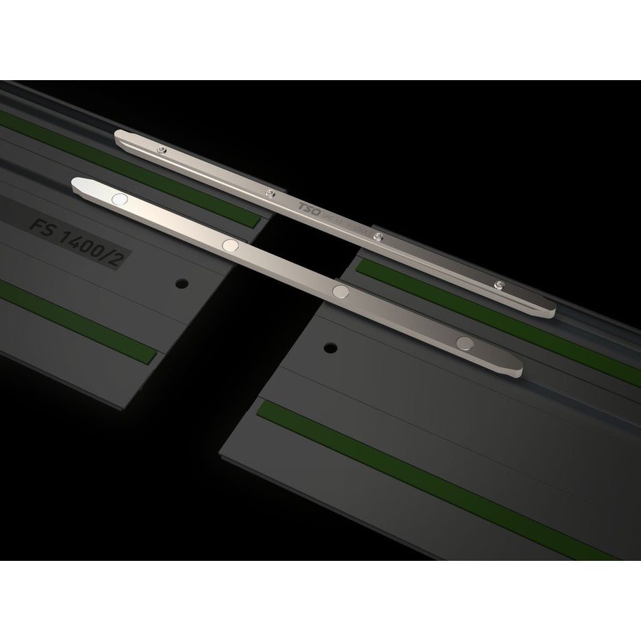 A ghosted view shows the Self-Aligning Guide Rail Connectors, with set screws, inserted in a Festool FS Guide Rail.