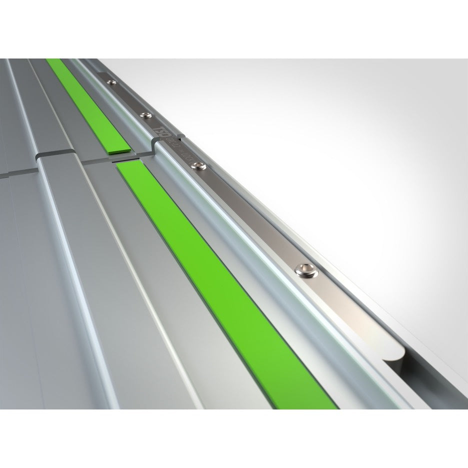 The 12" long Self-Aligning Guide Rail Connectors installed in the top and bottom T-slots of a Festool FS 1400 Guide Rail.