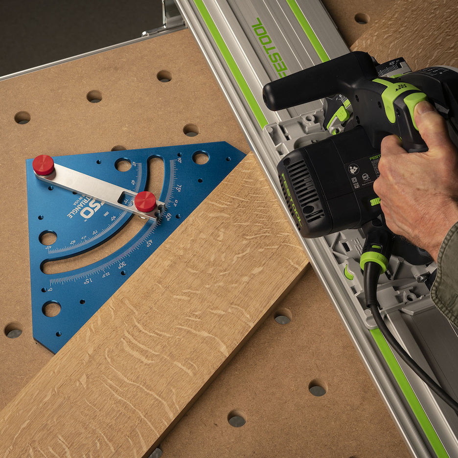 TSO Products MTR-X Precision Multifunction Triangle on MFT holding hardwood at angle for cutting with track saw