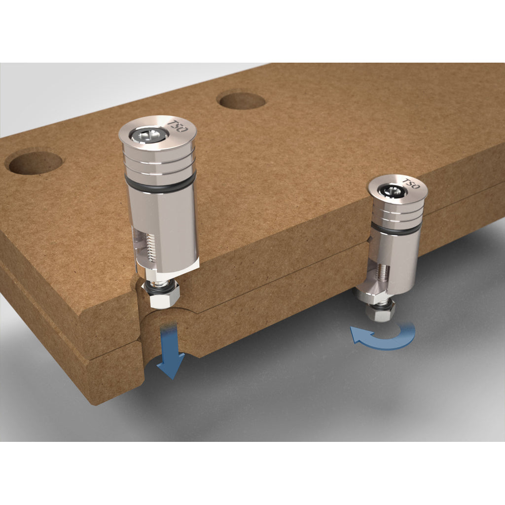 To use, insert a Power-Loc dog through both pieces from the top and turn the bolt in the top to activate and tighten cam.