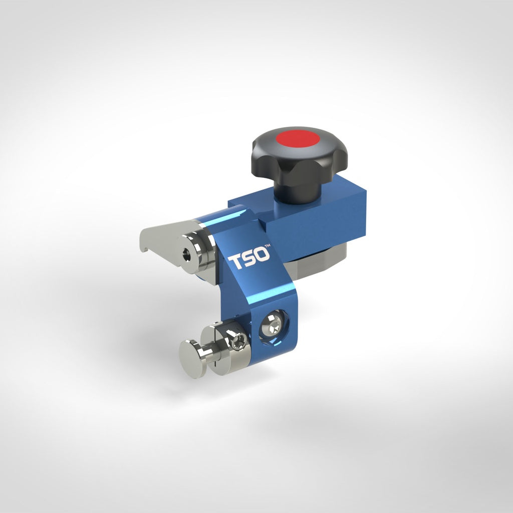 TSO Products Right Hand FlipStop Assembly v2.0 showing flip arm with adjustable stop and cursor.