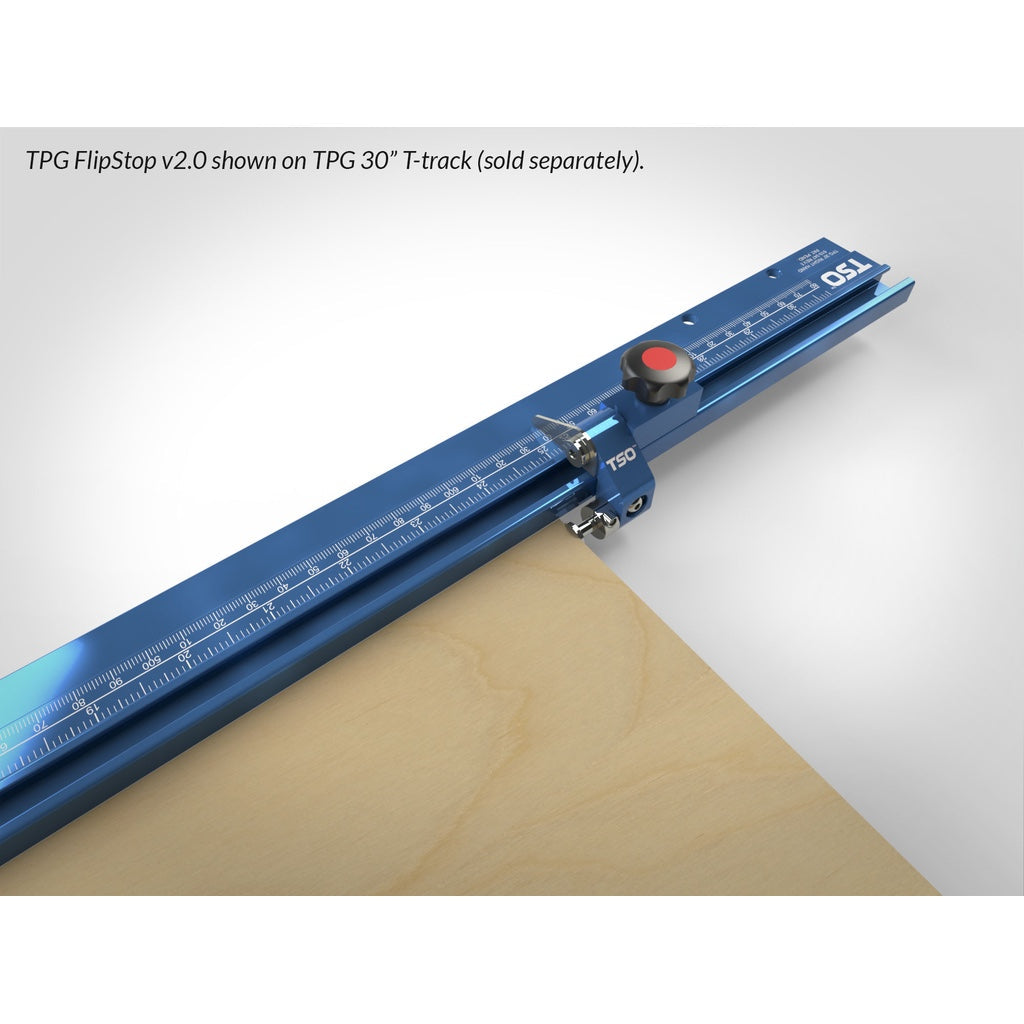 FlipStop Assembly v2.0 being used on a TPG 30" T-Track to accurately position a piece of plywood for cutting to length.