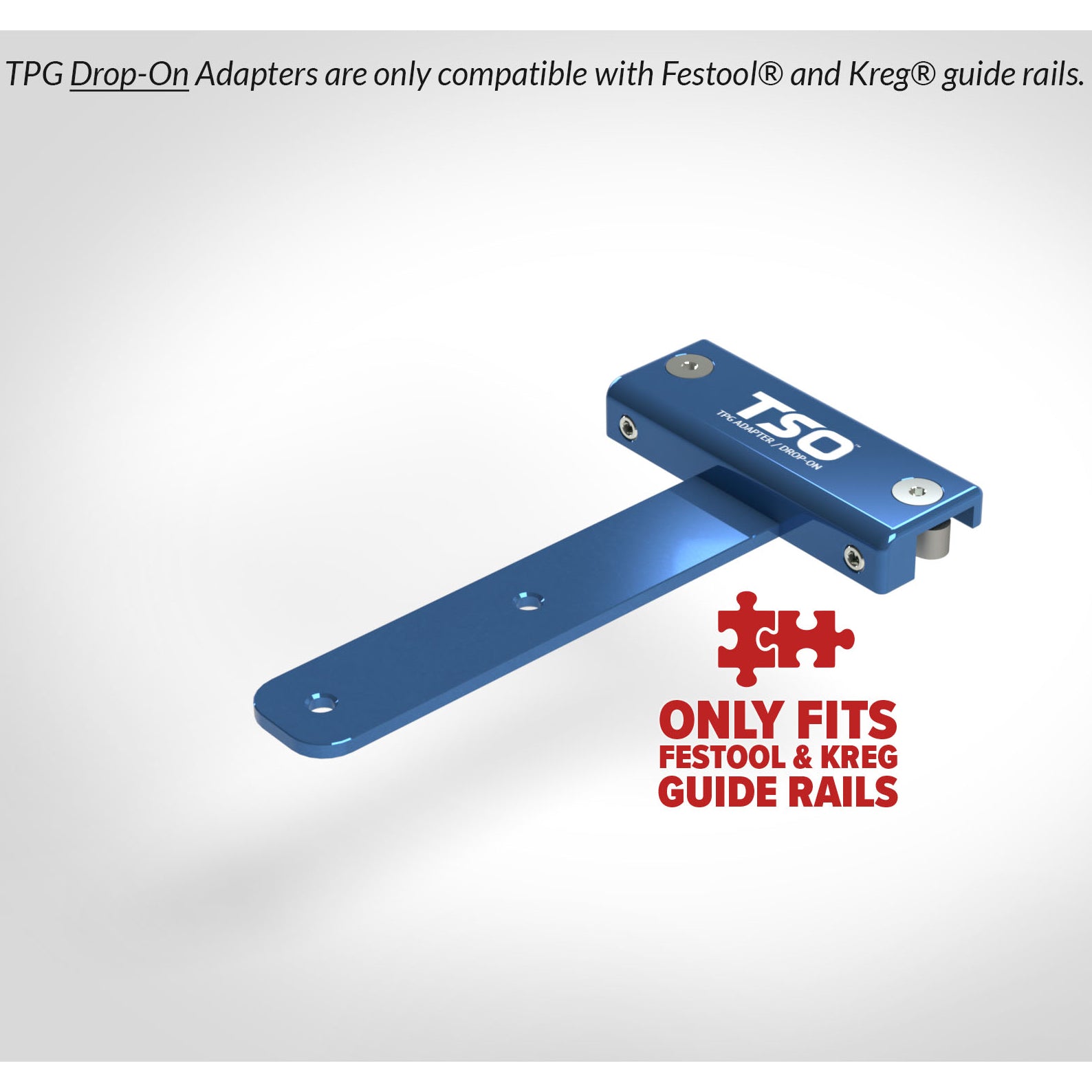 Assembled TPG Drop-On Adapter for Festool/Kreg Guide Rails, showing keystone torpedo nut, body, arm, set screws and bolts.