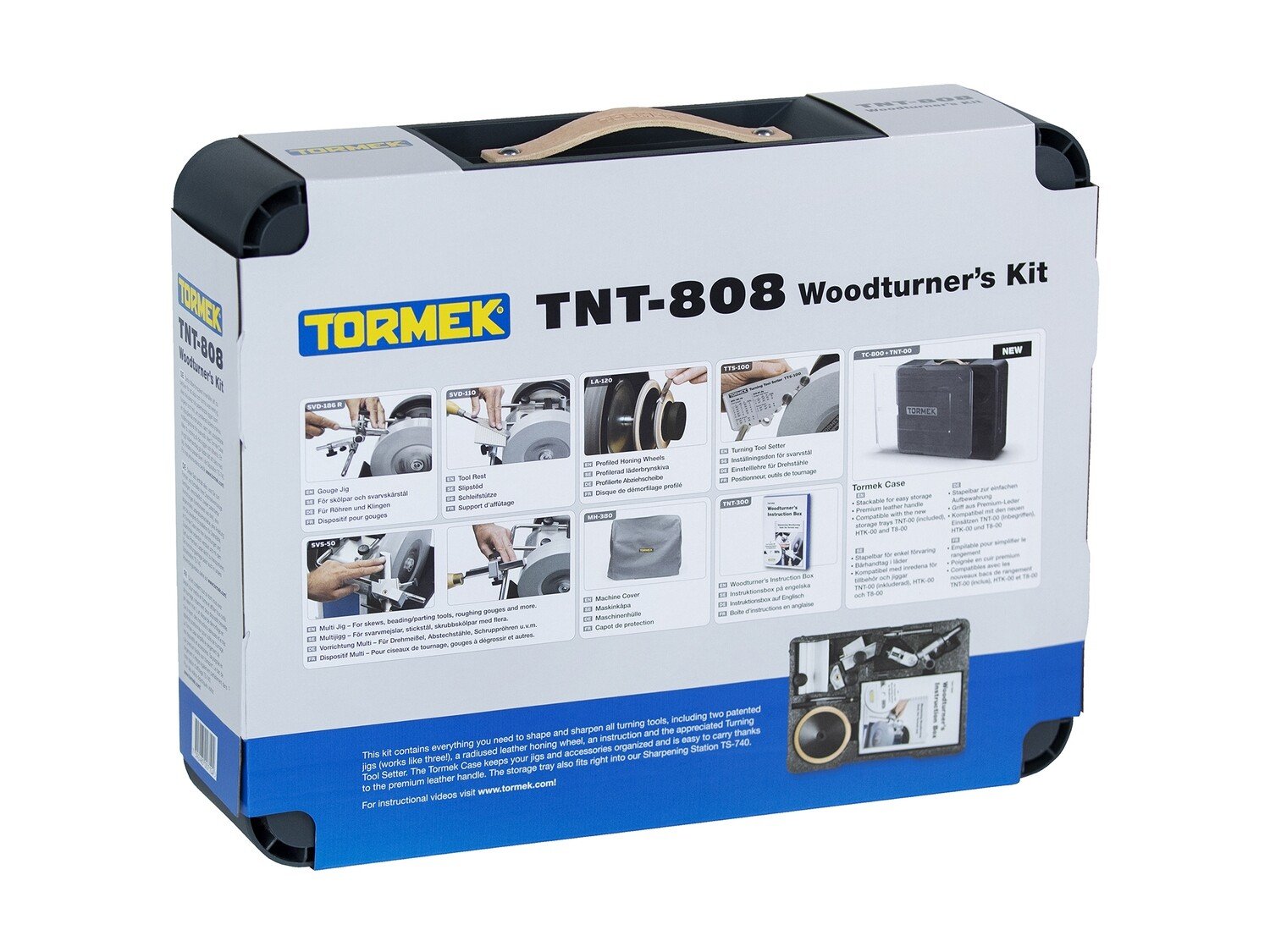 Back of Tormek TNT-808 Woodturner's Kit in retail packaging.