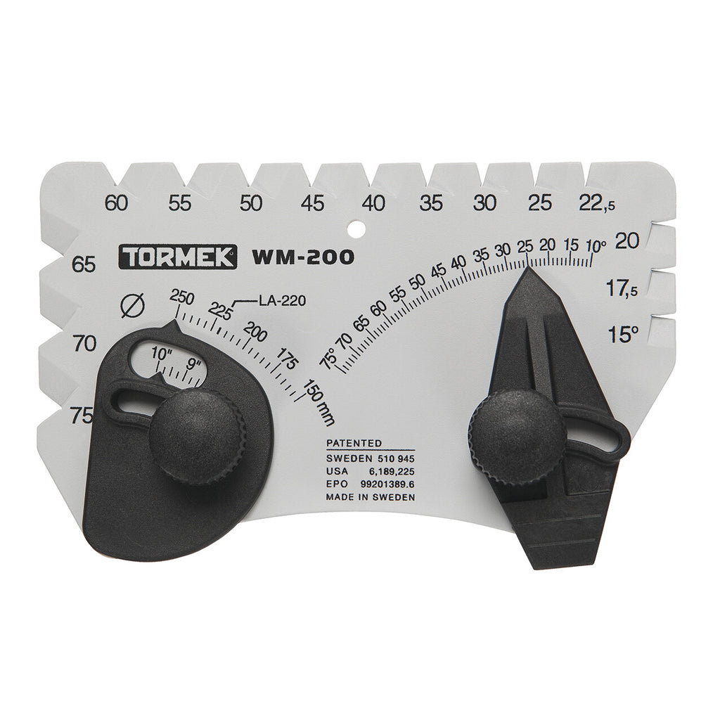 The Angle Master has notches to check bevel of the tool edge, adjustment for wheel diameter, scale to set grinding angle.