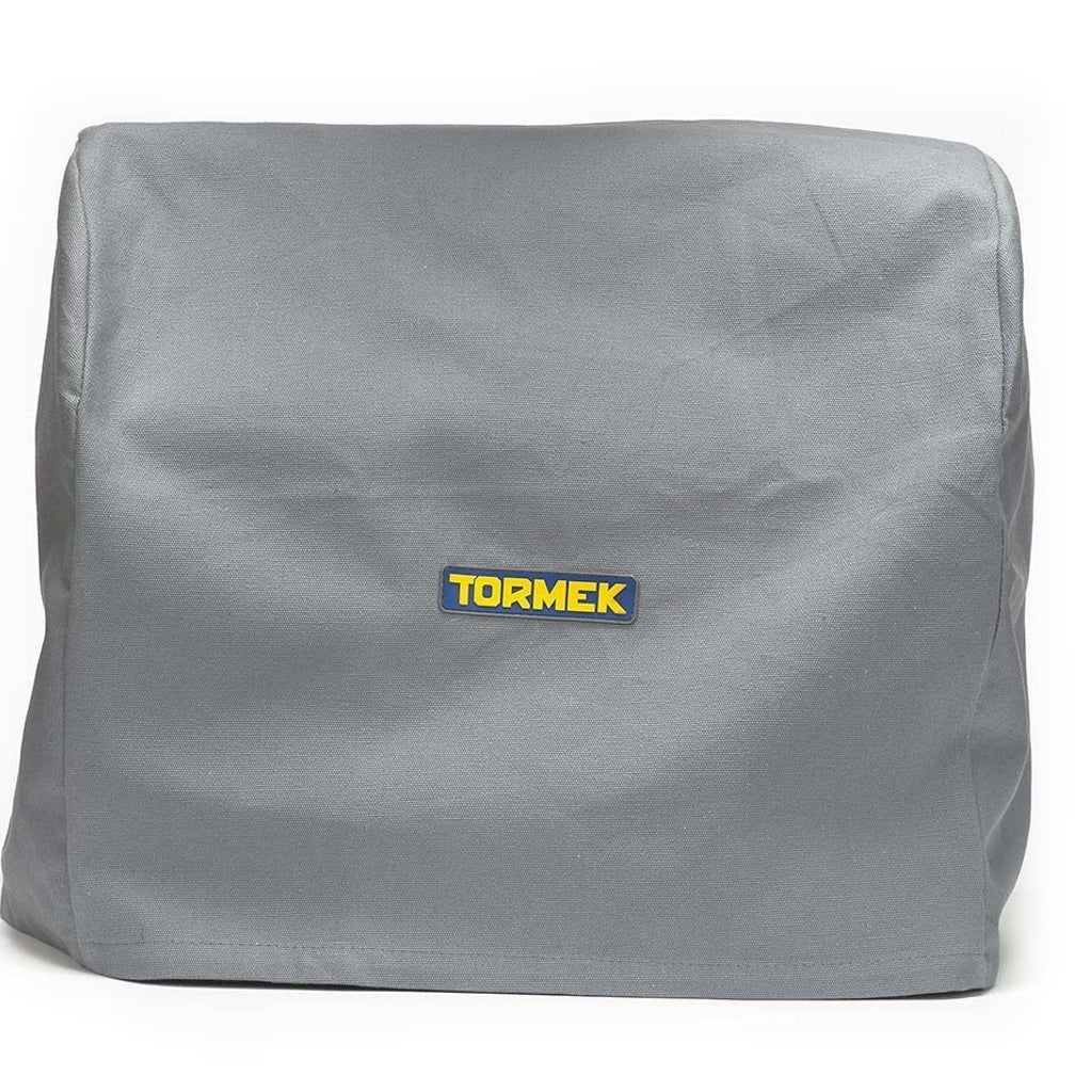 Gray fabric machine cover for with blue and yellow Tormek logo.