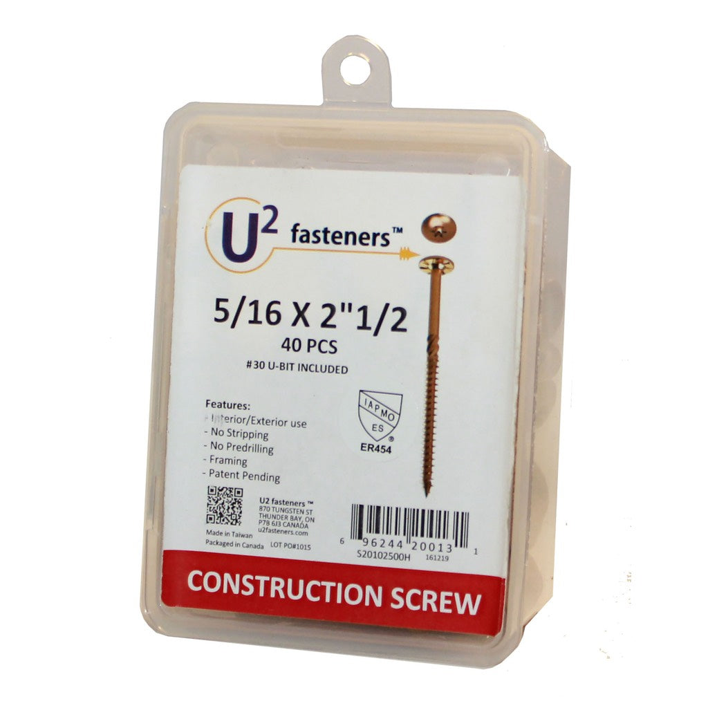 A clear plastic box of U2 Fasteners 5/16 x 2-1/2 inch Construction Screws with round heads.