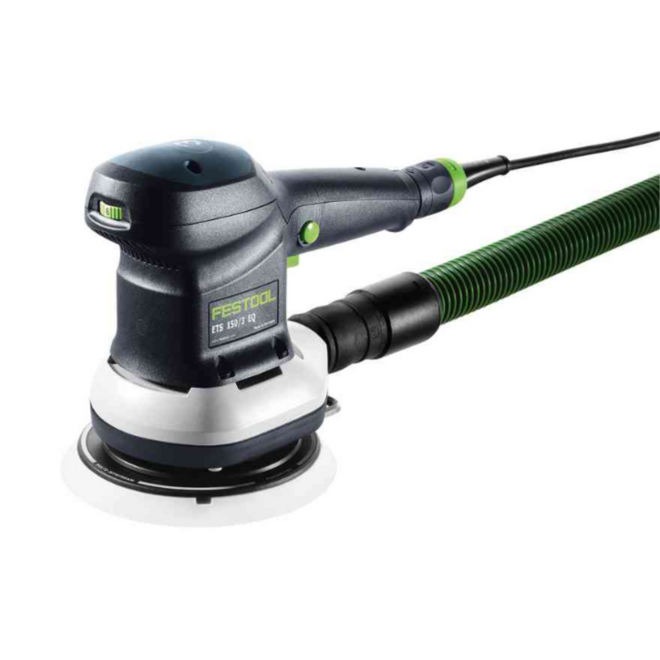 The Festool ETS 150/3 EQ 6" Random Orbit Sander showing on/off trigger and lock-on button, and speed control dial.