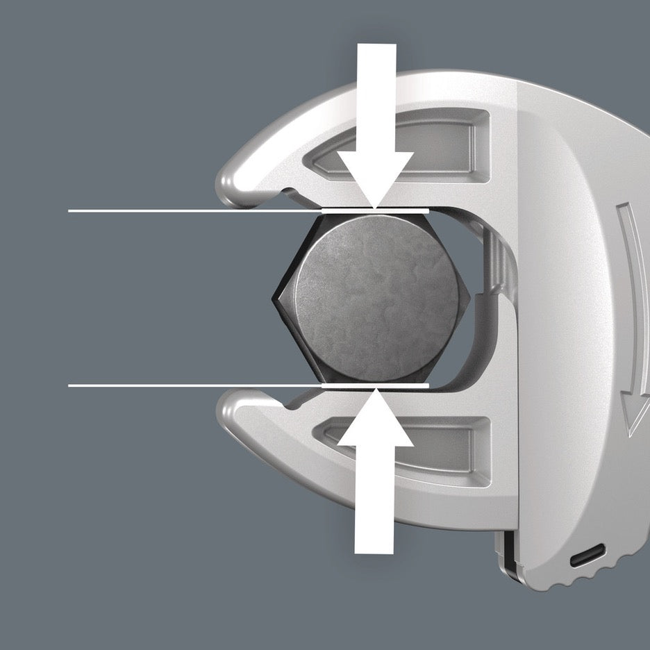 Wera Tools 4-Piece Joker Self-Setting Wrench Set applies clamping pressure to flat sides of bolt head