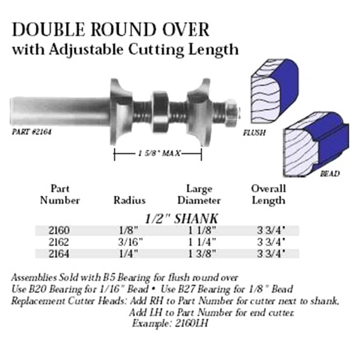 Ultimate Tools Whiteside Adjustable Double Roundover Router Bits /w Centre Bearing - 1/2" Shank