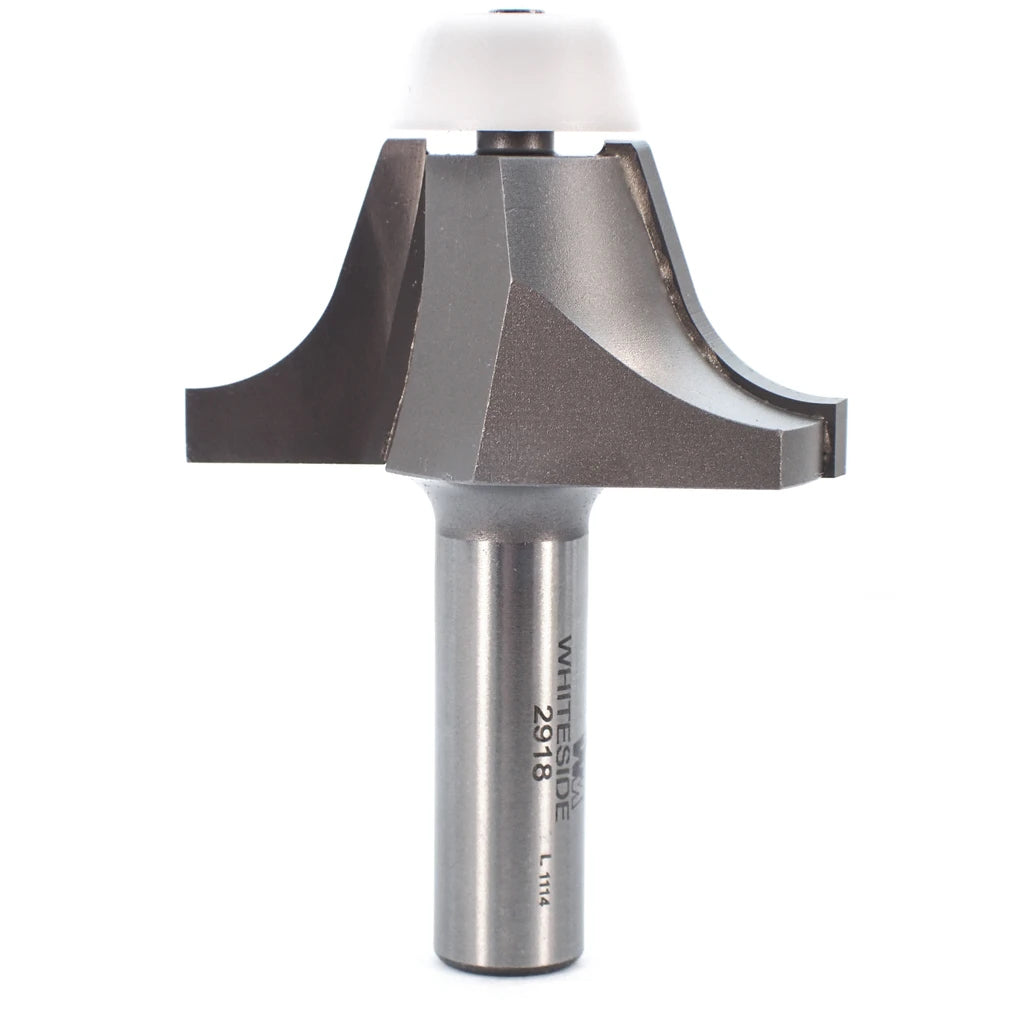 Whiteside carbide tipped 2-flute 18 degree roundover bit with 18 degree bearing and 1/2" shank.