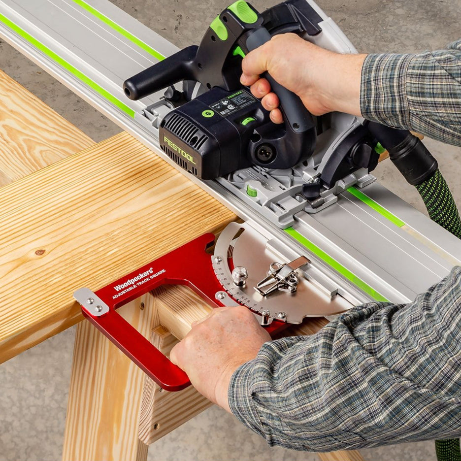 Adjustable Track Square is good for crosscutting solid lumber as well as plywood.