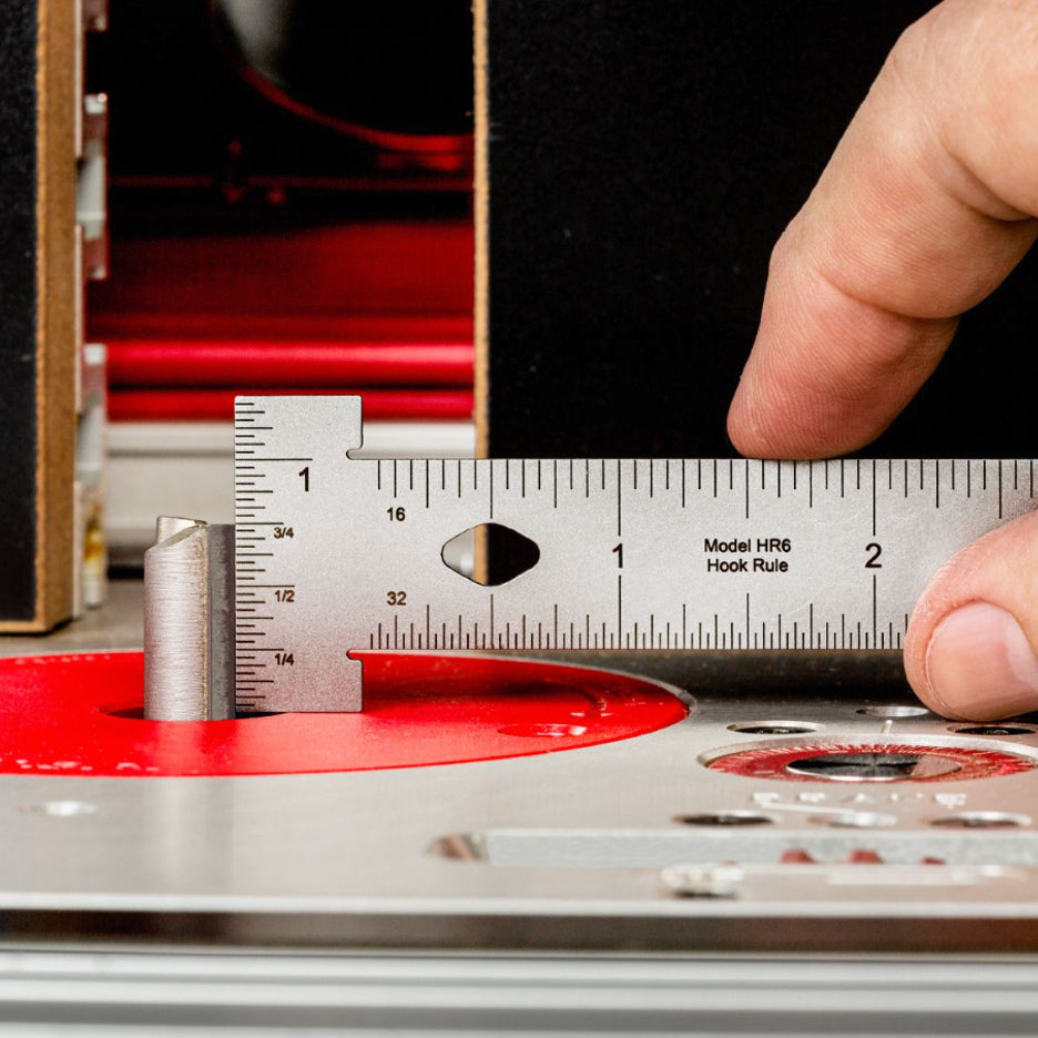 Woodpeckers Hook Rules end scale used to set router bit height at router table.