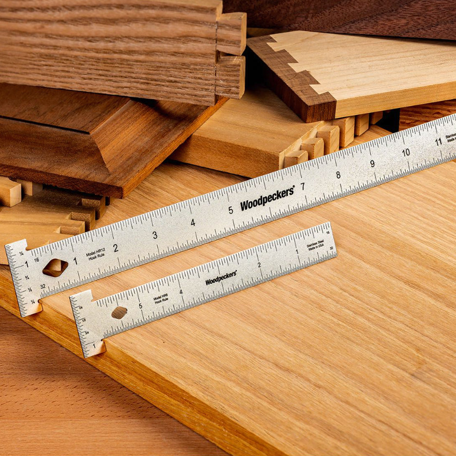 Two Woodpeckers Hook Rules showing front and back left-to-right and right-to-left scales.