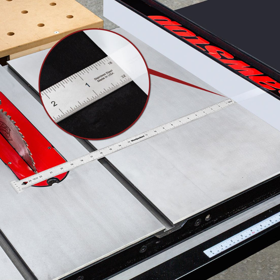 Woodpeckers 24 inch hook rule with right to left scale used to set table saw fence for rip cut.